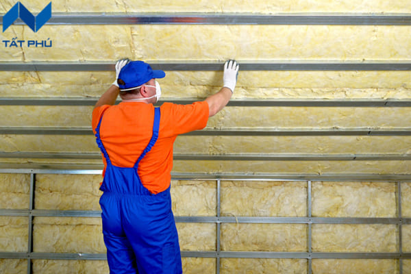 Thi công bông khoáng trang bị đầy đủ đồ bảo hộ lao động