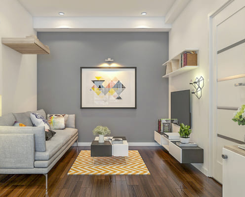 Sự đơn giản về mầu sắc, điểm nhấn trang trí là bức tranh to trên bức tường
